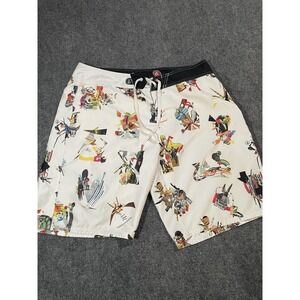 Volcom Shorts Mens 36 White Multicolor Boardshorts Cinch Fly Swim Trunks Print